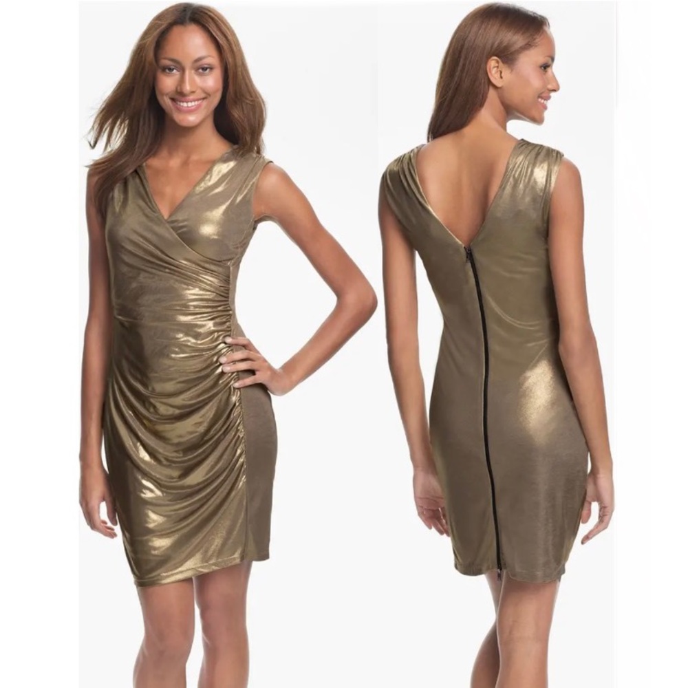 Andrew Marc Ruched Gold V-Neck Sheath Dress Size 2